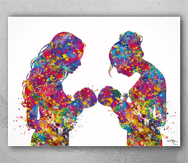 Two Moms Two Baby Watercolor Print Same Sex New Moms LGBT Family Love Wins Wedding Gift Wall Art Gay Lesbian Gift Twin Baby Mrs and Mrs-2141