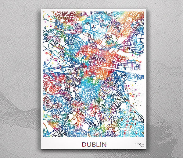 Dublin City Map Print Watercolor Art Print Wall Art Ireland Street Map Travel Housewarming Gift Hpme Decor Wall Hanging Map of Dublin-807