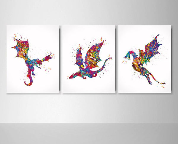 Dragon Set Watercolor Print Wall Art Poster Kids Bedroom Decor Dragon Prints Wall Hanging Nursery Decor Boys Teen Wall Decor Dragon Art-1714