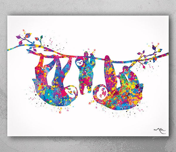Sloth Family Watercolor Print Children's Kids Wall Art Wedding Gift Family Housewarming Gift Nursery Wall Decor Home Decor Wall Hanging-401