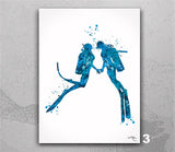 Scuba Diving Couple Watercolor Print Personalised Gift Coastal Wall Art Wall Art Diving Wedding Gift Valentine's Gift Wall Hanging-2631