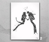 Scuba Diving Couple Watercolor Print Personalised Gift Coastal Wall Art Wall Art Diving Wedding Gift Valentine's Gift Wall Hanging-2631