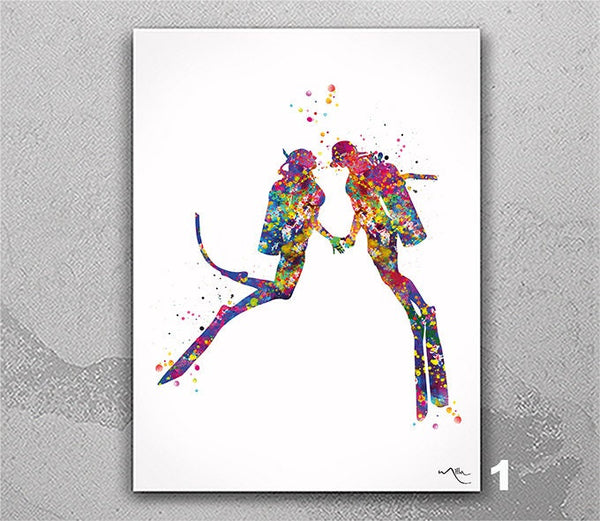 Scuba Diving Couple Watercolor Print Personalised Gift Coastal Wall Art Wall Art Diving Wedding Gift Valentine's Gift Wall Hanging-2631