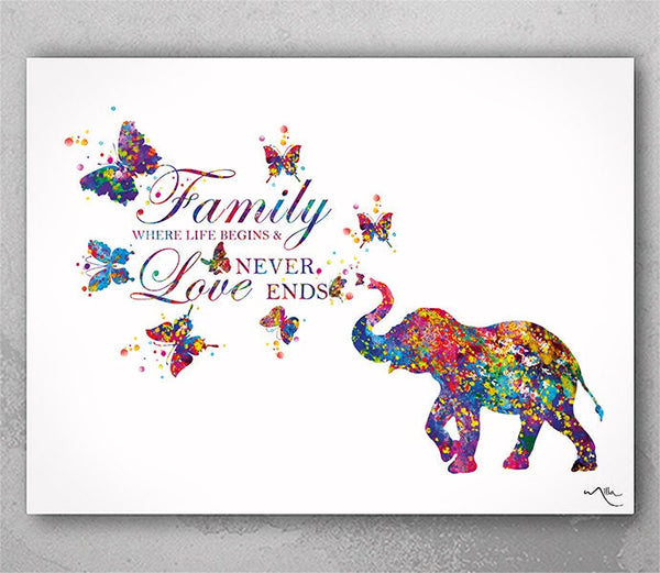 Elephant Family Quote Butterfly Art Watercolor Print Painting Wedding Gift idea Wall Art Nursery Wall Decor Art Home Decor Wall Hanging-1293