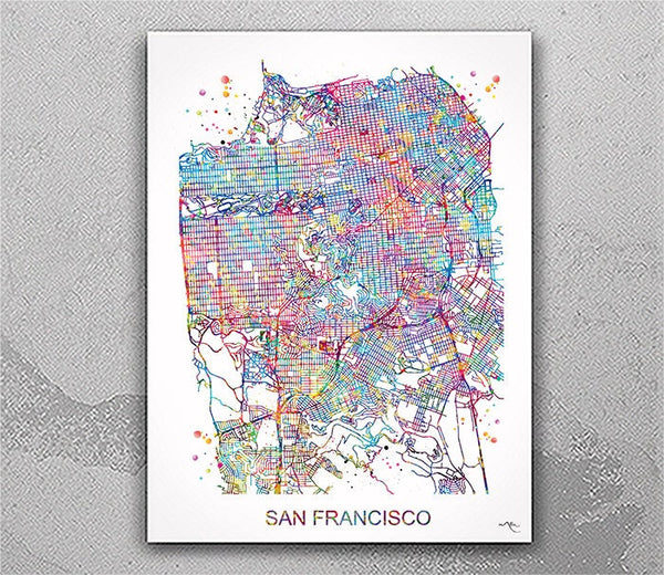 San Francisco Street Map Watercolor Print California Travel Decor Wanderlust Decor Wall Hanging San Francisco City Gift Wall Art Poster-1229