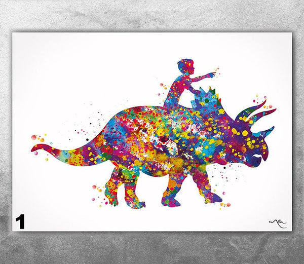 Triceratops Rider Boy Watercolor Print Dino Poster Art Print For Kids Bedroom  Children's Wall Art Wall Decor Dinosaur  Wall Hanging-2332