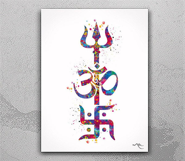 Trishul Swastik Om Symbol Watercolor Print Hinduism Wall Art Poster Wall Decor Yoga Sikh Indian Hindu Wall Art Home Decor Wall Hanging-2665