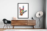 I Love You ASL American Sign Language Watercolor Print Hand Signing Deaf Diagram Love Poster Sign Language Manual Alphabet Medical Art-387