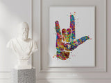 I Love You ASL American Sign Language Watercolor Print Hand Signing Deaf Diagram Love Poster Sign Language Manual Alphabet Medical Art-387