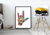 I Love You ASL American Sign Language Watercolor Print Hand Signing Deaf Diagram Love Poster Sign Language Manual Alphabet Medical Art-387