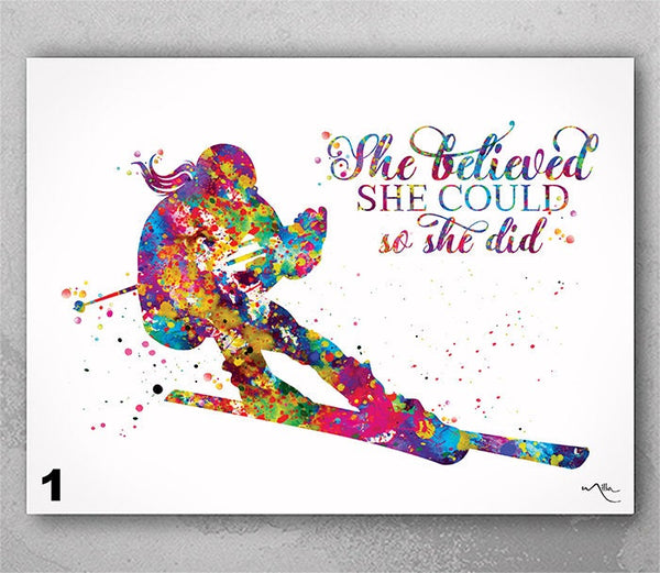 Ski Watercolor Art Print Skiing Poster Skier Female Girl Woman Gift Winter Sports Art Wall Art Ski Decor Home Decor Skier Wall Hanging-2690