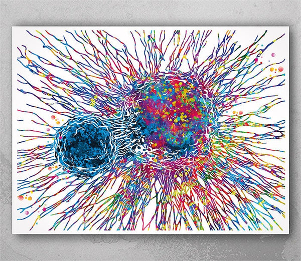 Cancer Cell and T-Cells Watercolor Print Immune Cells Medical Art Science Histology T Cell Attacking Oncology immunology Clinic  Chemo-2679