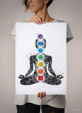 Chakras Watercolor Print Yogi Yoga Mediation Mindfulness Yoga Studio Meditating Woman Yoga Girl Female Wall Decor Spiritual Wall Art-2086