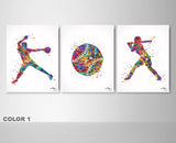 Softball Player Girl Watercolor Print Set Player Female Woman Pitcher Catcher Print Set Baseball Poster Gift Sport Girls Room Wall Art-2748