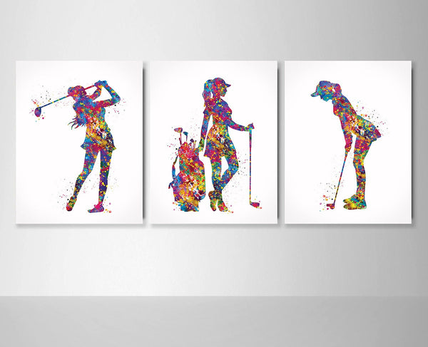 Golf Player Woman Watercolor Print Set of 3 Golfers Golf Gift Golfer Female Golf Sports Painting Golf Girl Art Gifts for Her Wall Art-2736