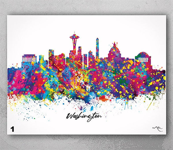 Washington State Skyline Watercolor Print Cityscape Living Room Wedding Gift Poster Washington Home Travel Art Wall Decor Wall Hanging-2729