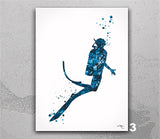 Scuba Diver Man Watercolor Print Diver Male Housewarming Man Cave Scuba Diving Art Poster Teen Boy Sport Home Decor Wall Hanging Poster-2744