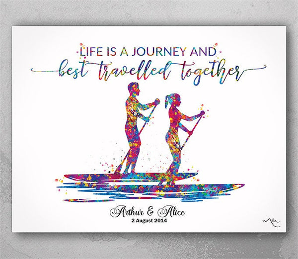 Paddle Boarder Couple Life is Journey Quote Watercolor Print Stand Up Paddle Board Gift Wall Decor Ladies Sports Art Sport Wall Art-2747
