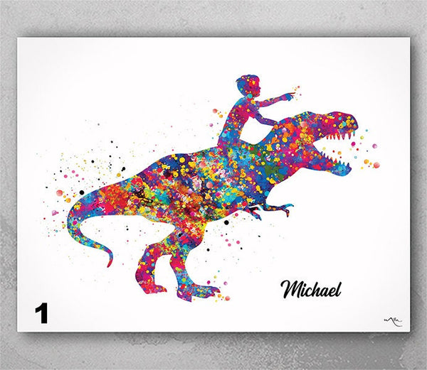 Dinosaur Rider Boy Watercolor Print Little Boy and T-Rex Art Gift Birthday Party Boys Room Decor Wall Art Nursery Decor Wall Hanging-985