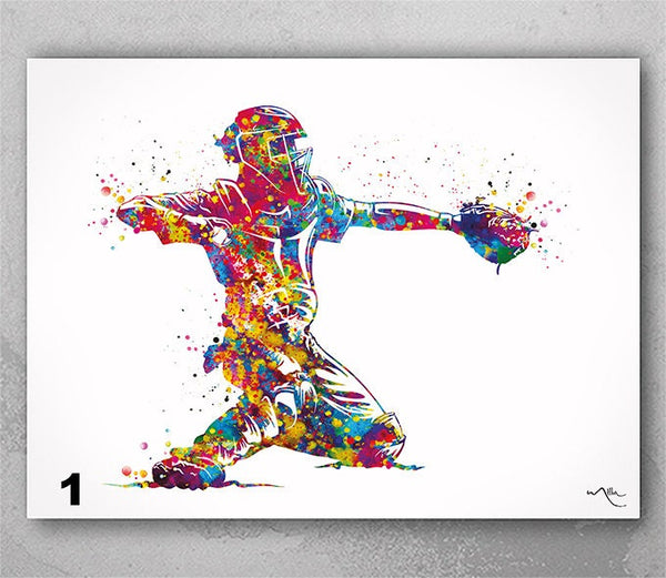 Baseball Catcher Male Watercolor Print Boy Baseball Gift Softball Art Decor Man Sports Room Decor Customize Teen Room Man Cave Wall Art-2761