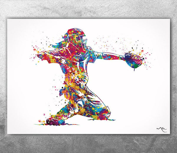 Baseball Catcher Female Watercolor Print Girl Baseball Gift Softball Art Decor Woman Sports Room Decor Customize Teen Room Wall Art-2763