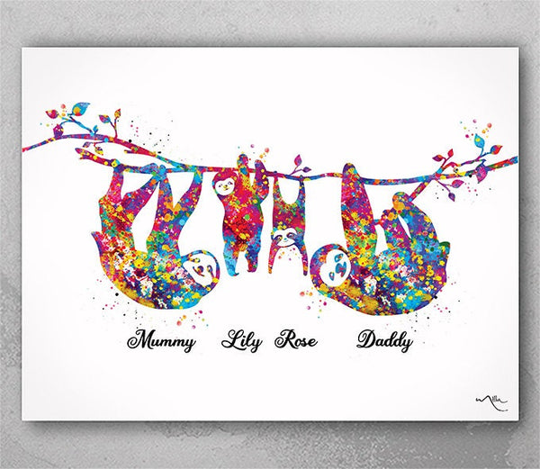 Sloth Family Watercolor Print Children's Kids Teen Room Wall Art Family Housewarming Gift Nursery Wall Decor 4 Kids Gift Wall Hanging-2214