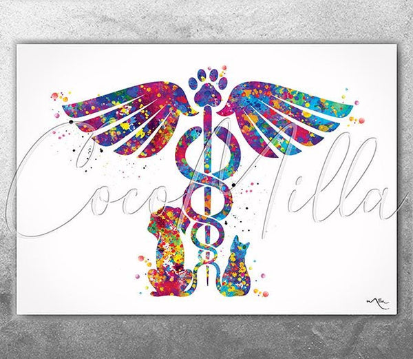 Veterinary Caduceus Watercolor Print Clinic Wall Art Cat Dog Animal Gift Veterinarian Office Vet Clinic Decor Animal Hospital Decor-315