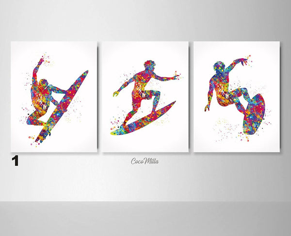 Surfer Art Watercolor Print Set of 3 Surfer Boy Gift Surfer Teen Room Decor Poster Nursery Decor Gift Man Cave Surfing Sport Wall Art-2798