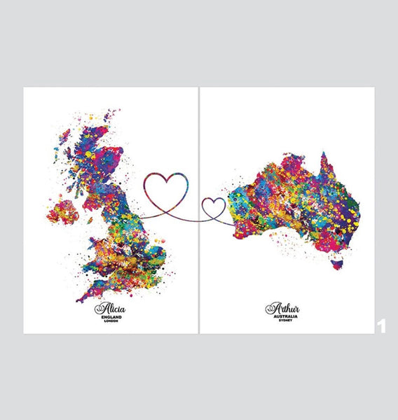 Personalised Map Print Watercolor Print Set of Two Any Two Maps Moving Abroad Present Distance Country to Country Customized Wall Art-2840