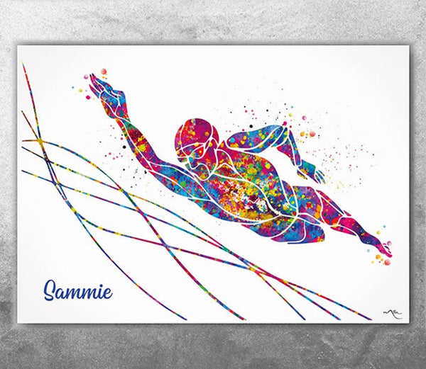 Swimmer Art Personalised Watercolor Print Swimmer Girl Housewarming Gift Boy Swimming Wall Decor Teen Room Teen Nursery Sport Wall Art-2765