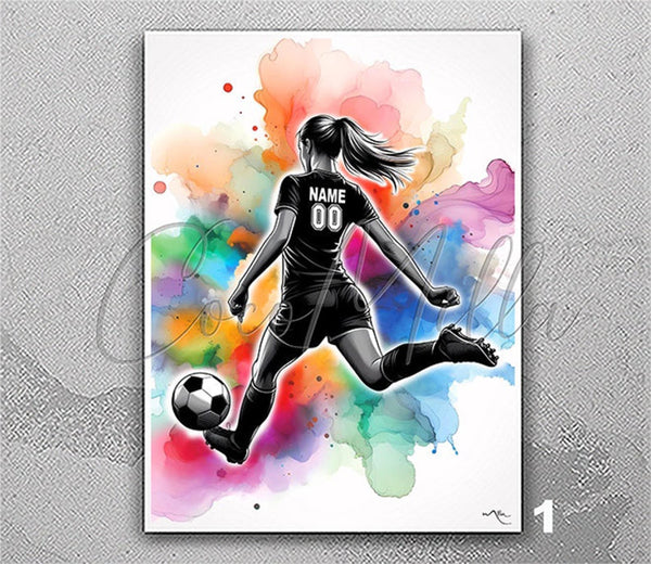 Personalised Football Girl Watercolor Print Soccer Female Football Kids Girls Room Decor Personalized Gift Custom Gift Sport Poster-2830