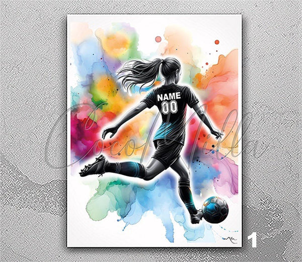 Personalised Football Girl Watercolor Print Soccer Female Football Kids Girls Room Decor Personalized Gift Custom Gift Sport Poster-2838