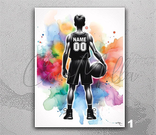 Personalized Boy Basketball Player Watercolor Print Gift Male Basketball Man Cave Teen Room Decor Poster Sport Customize Gift Wall Art-2834