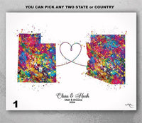 Personalised State Map Print Watercolor Print Any Two Maps Moving Abroad Present Distance Gifts State to State Customized Wall Art-2865