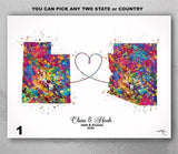 Personalised State Map Print Watercolor Print Any Two Maps Moving Abroad Present Distance Gifts State to State Customized Wall Art-2865