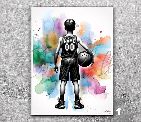 Personalized Boy Basketball Player Watercolor Print Gift Male Basketball Man Cave Teen Room Decor Poster Sport Customize Gift Wall Art-2839