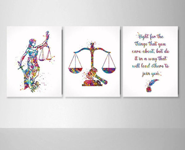 Lawyer Office Decor Watercolor Prints Set of 3 Law Student Gift Pass the Bar Lady Justice Scales Of Justice Gavel Graduation Gift Judge-1696