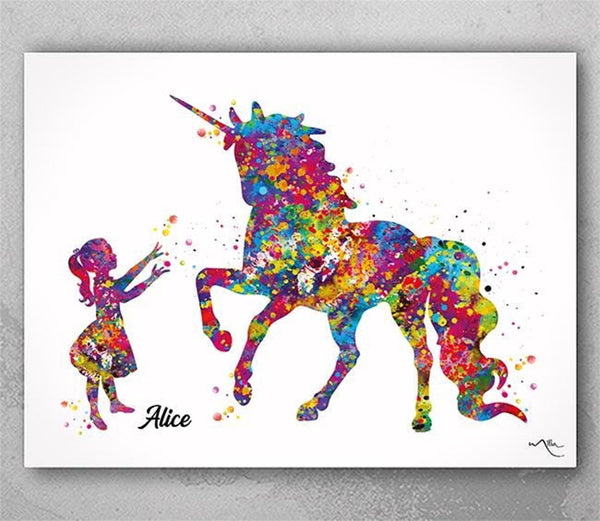 Little Girl and Unicorn Watercolor Print Wall Decor Nursery Decor Girls Room Decor Watercolour Kids Room Birthday Fantasy Art Wall Art-1686