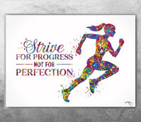 Runner Quote Watercolor Print Runner Female Woman Girl "Strive for Progress Not for Perfection" poster Sport running motivational Gift-2142