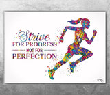 Runner Quote Watercolor Print Runner Female Woman Girl "Strive for Progress Not for Perfection" poster Sport running motivational Gift-2142
