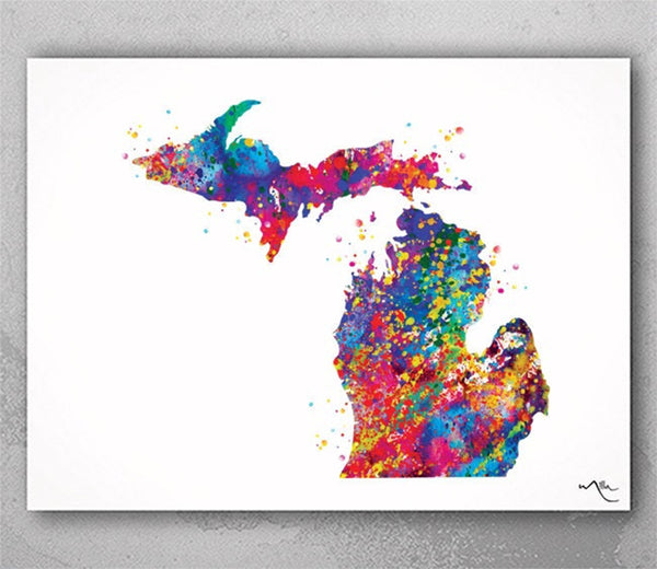 Michigan Map Watercolor Print State Map illustrations Art Print Wall House Gift Poster Housewarming Gift Home Decor Office Wall Hanging-334