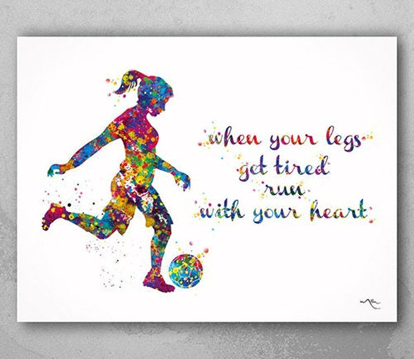 Soccer Girl Quote Watercolor Print Female Soccer Gift Woman Football Art Decor Girl Soccer Player Art run with your heart Girl Wall Art-1533