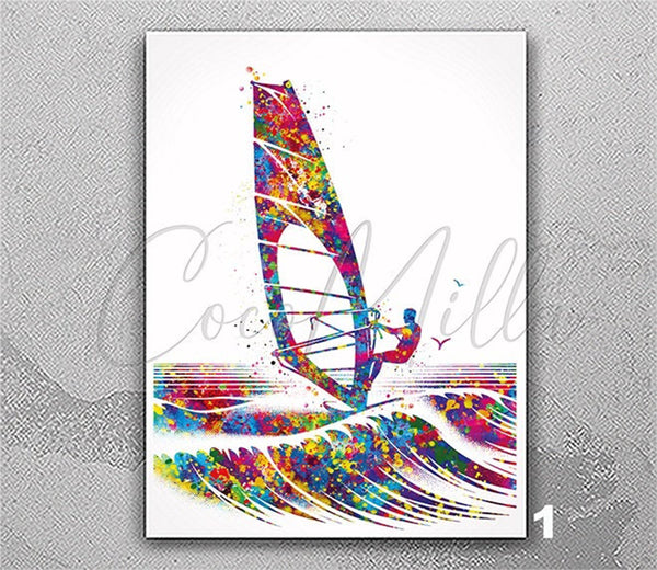 Windsurfing Art Watercolor Print Windsurfer Boy Wall Art Wall Decor Summer Ocean Sea Themed Decor Home Decor Mancave Gift Wall Hanging-2793