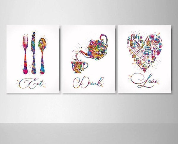 Kitchen Art Watercolor Print Eat Drink Love Set of 3 Kitchen Wall Art Housewarming Gift Food and Drink Dining Room Wall Decor Dine Room-2380