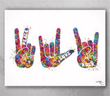 Peace Love Rock Symbol Watercolor Print ASL Sign Language Love Hand Sign Poster Rock Sign Peace Hand Manual Alphabet Teen Room Decor-2342