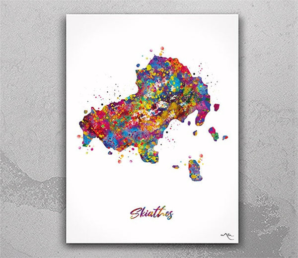 Skiathos Map Watercolor Print of Skiathos Island Greece Travel Poster Honeymoon Anniversary Greek Island Wall Decor Minimalist Wall Art-2539