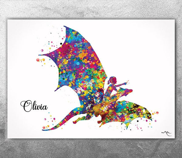 Dragon Rider Girl Watercolor Print Girls Teen Room Decor Poster Nursery Wall Art girl Bedroom Decor Wall Decor Home Decor Wall Hanging-2860