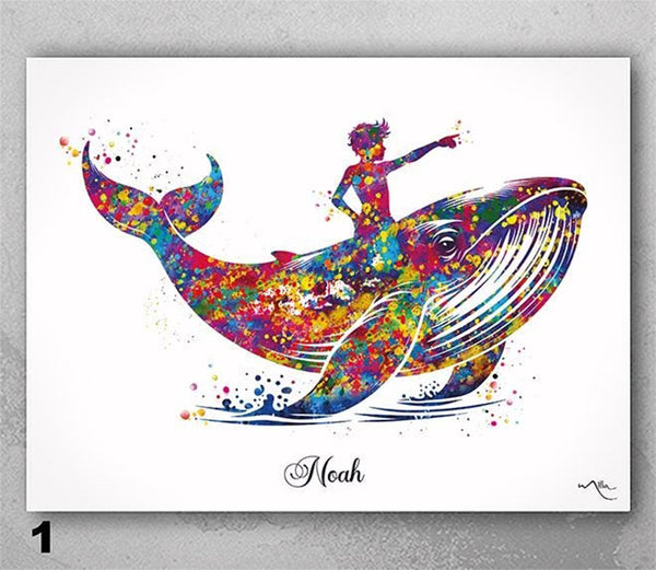 Whale Rider Boy Watercolor Print Little Boy and Whale Art Gift Birthday Party Boys Room Decor Wall Art Nursery Decor Wall Hanging-2861