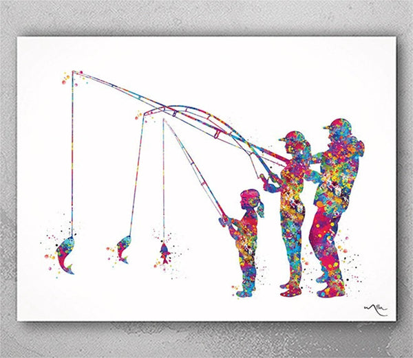 Fishing Family Watercolor Print Mom Dad and Son Fishing Poster Housewarming Gift Wall Art Father Mother and Son Gift Grey Nursery Decor-2526