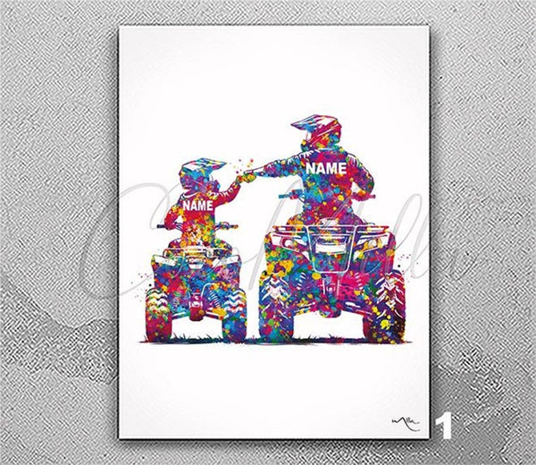 Personalised Father and Son Quad Bike Rider Watercolor Print Dad ATV Rider Dirty Bike Sport Gift Sports Wall Art For Him Man Cave Decor-2885